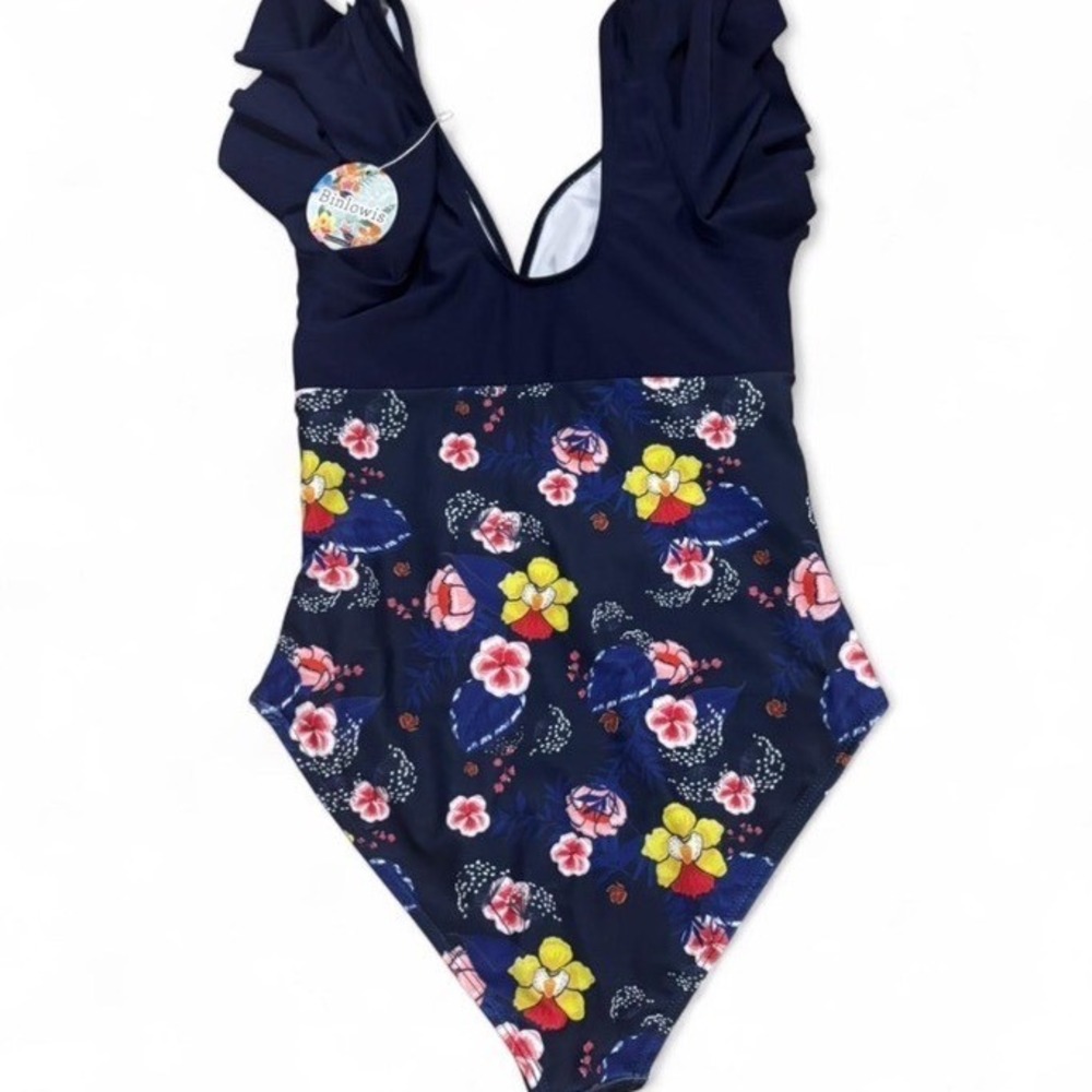 Binlowis Women Floral One Piece Swimsuit Navy Blue Ruffle V-Neck Ruche Small NEW - Picture 4 of 8